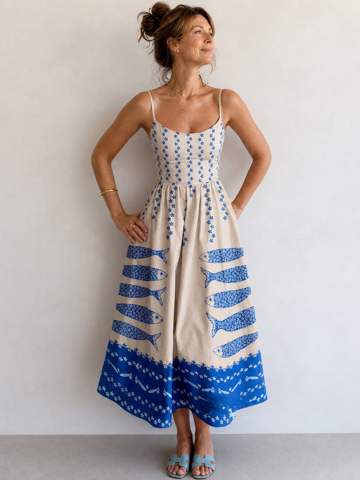 Mukara | Robe Midi Sans Manches Imprimée Poissons