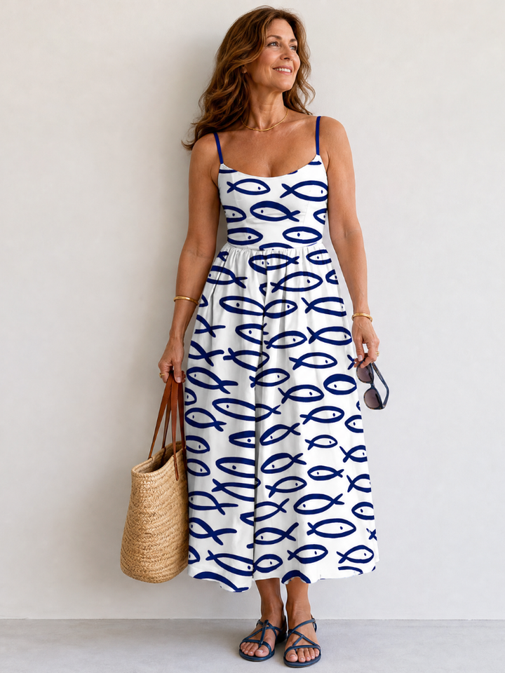 Thaloria | Robe midi sans manches imprimée poisson