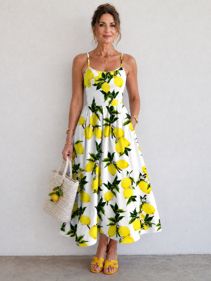 Limonelle | Robe Midi Sans Manches Imprimée Citron