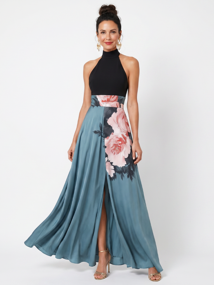 Olympas | Robe Maxi à Buste Halter et Jupe Fleurie