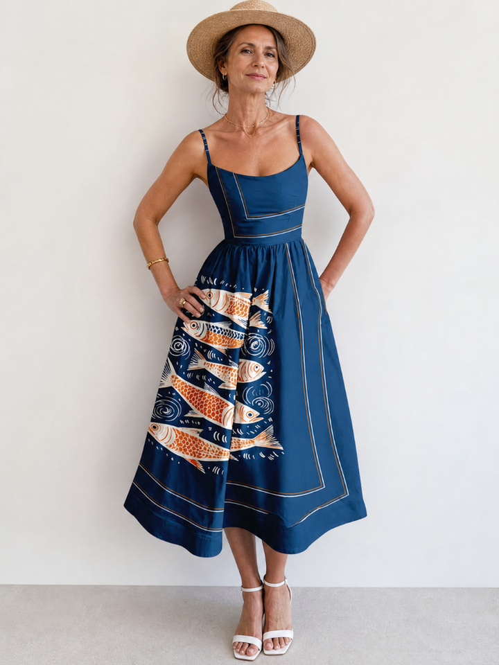 Calythene | Robe Midi Sans Manches Imprimée Poissons