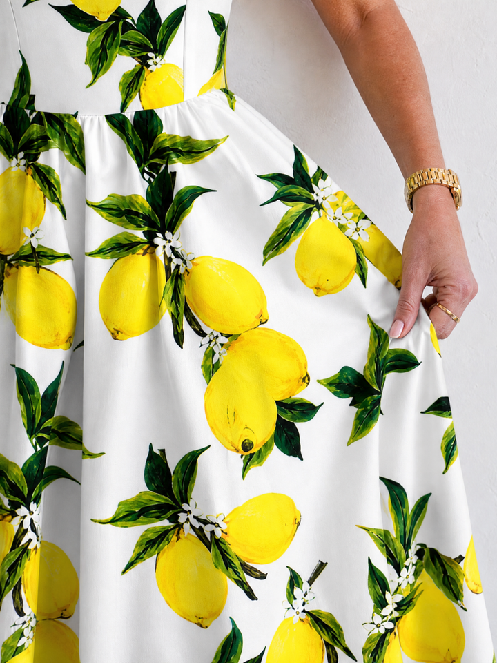 Limonelle | Robe Midi Sans Manches Imprimée Citron