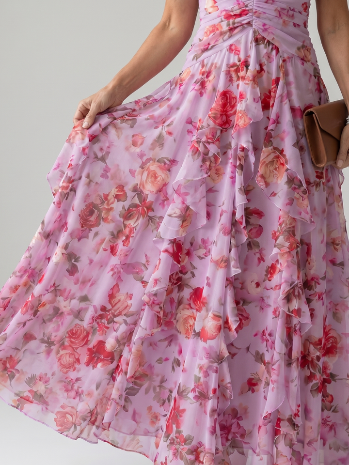 Nori | Robe Maxi Fleurie à Encolure Halter et Corps Froncé