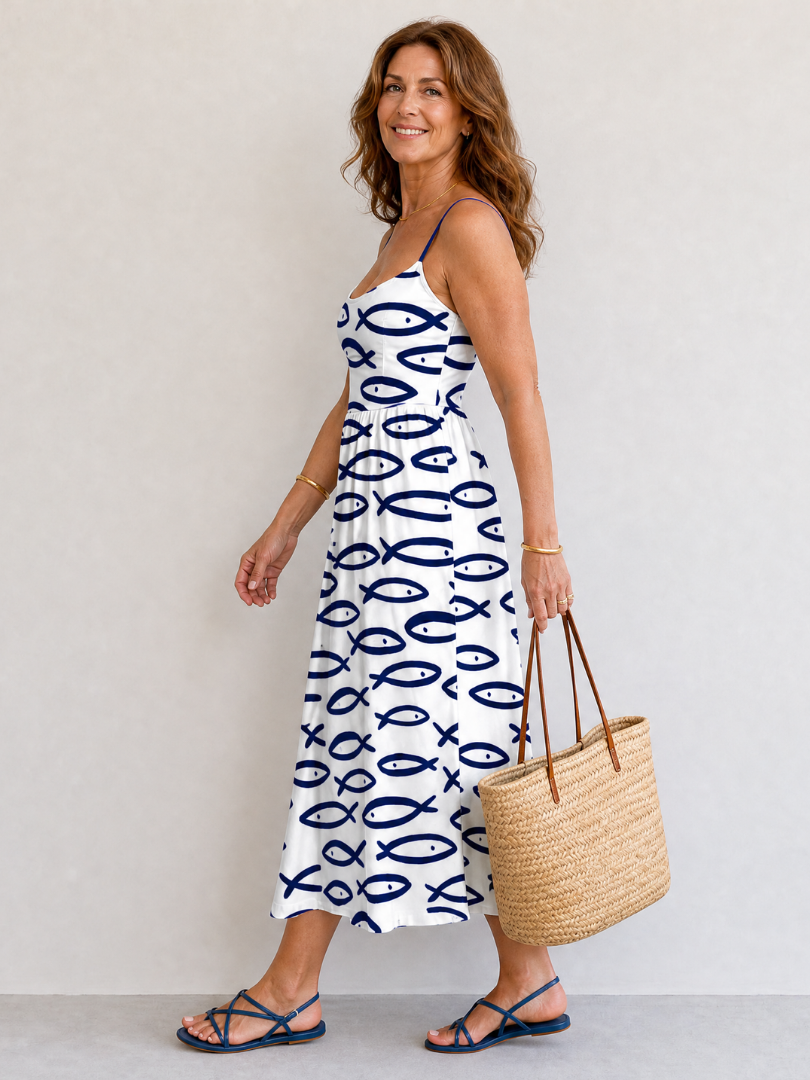 Thaloria | Robe midi sans manches imprimée poisson