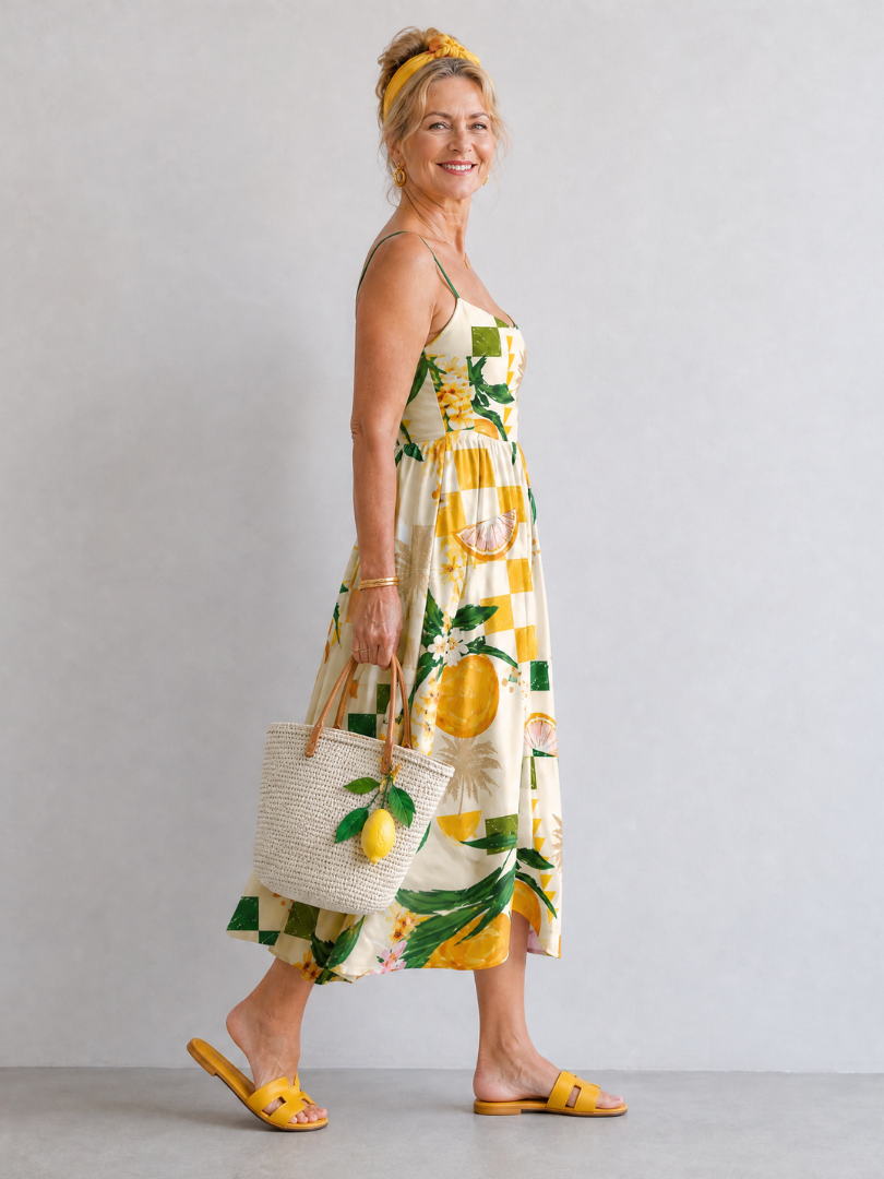 Aurexia | Robe Midi Sans Manches Imprimée Agrumes