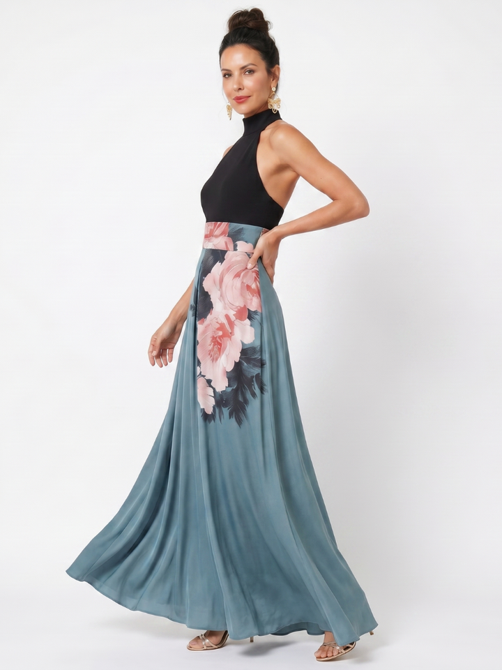 Olympas | Robe Maxi à Buste Halter et Jupe Fleurie