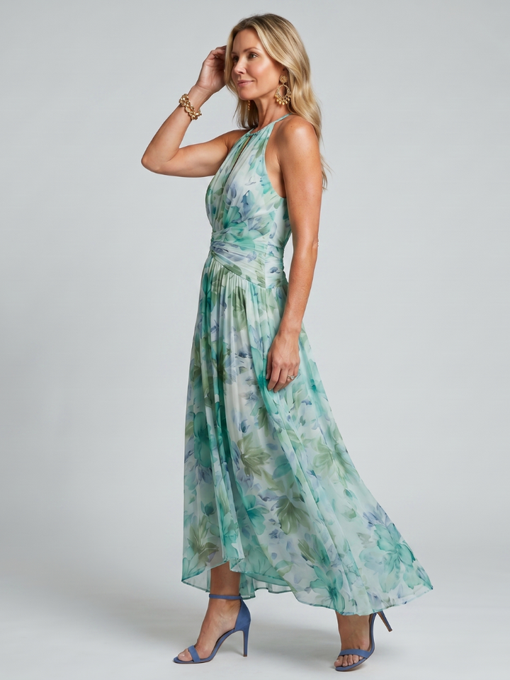 Portia | Robe Midi à Bretelles Plissée avec Motif Floral Doux