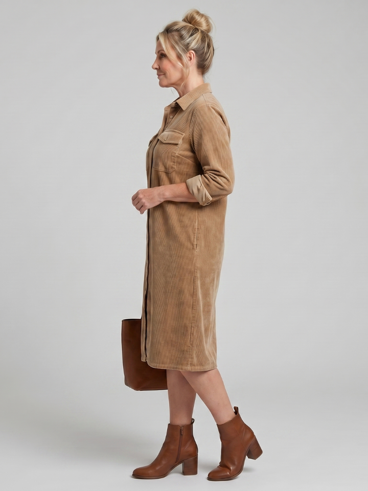 Auvelle | Robe Midi à Manches Longues avec Poches à Rabat