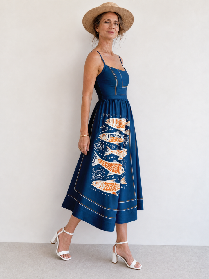 Calythene | Robe Midi Sans Manches Imprimée Poissons