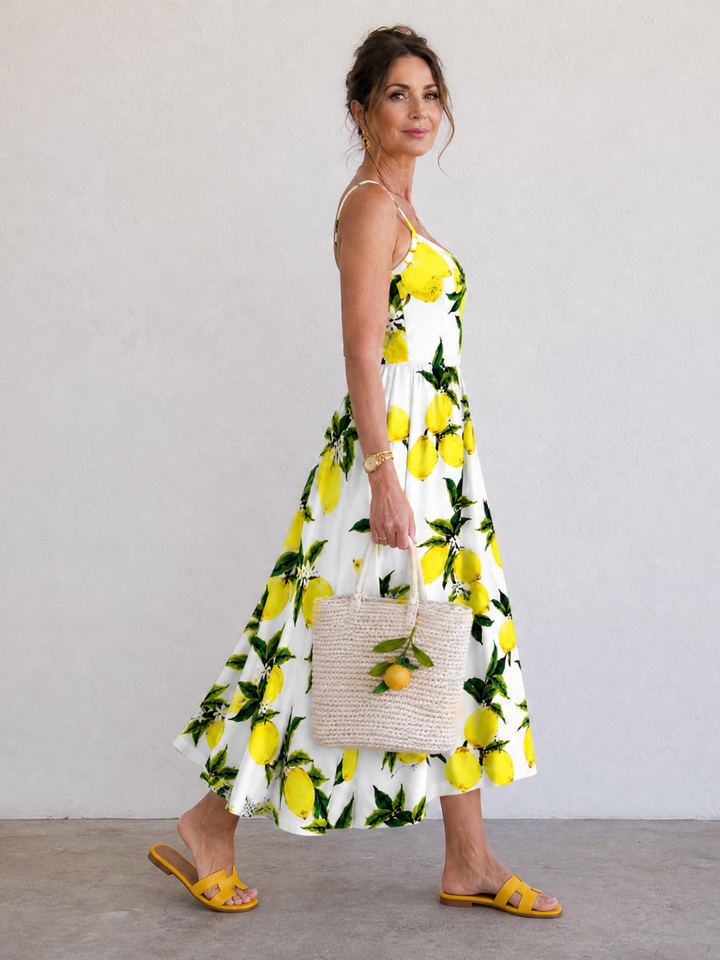Limonelle | Robe Midi Sans Manches Imprimée Citron