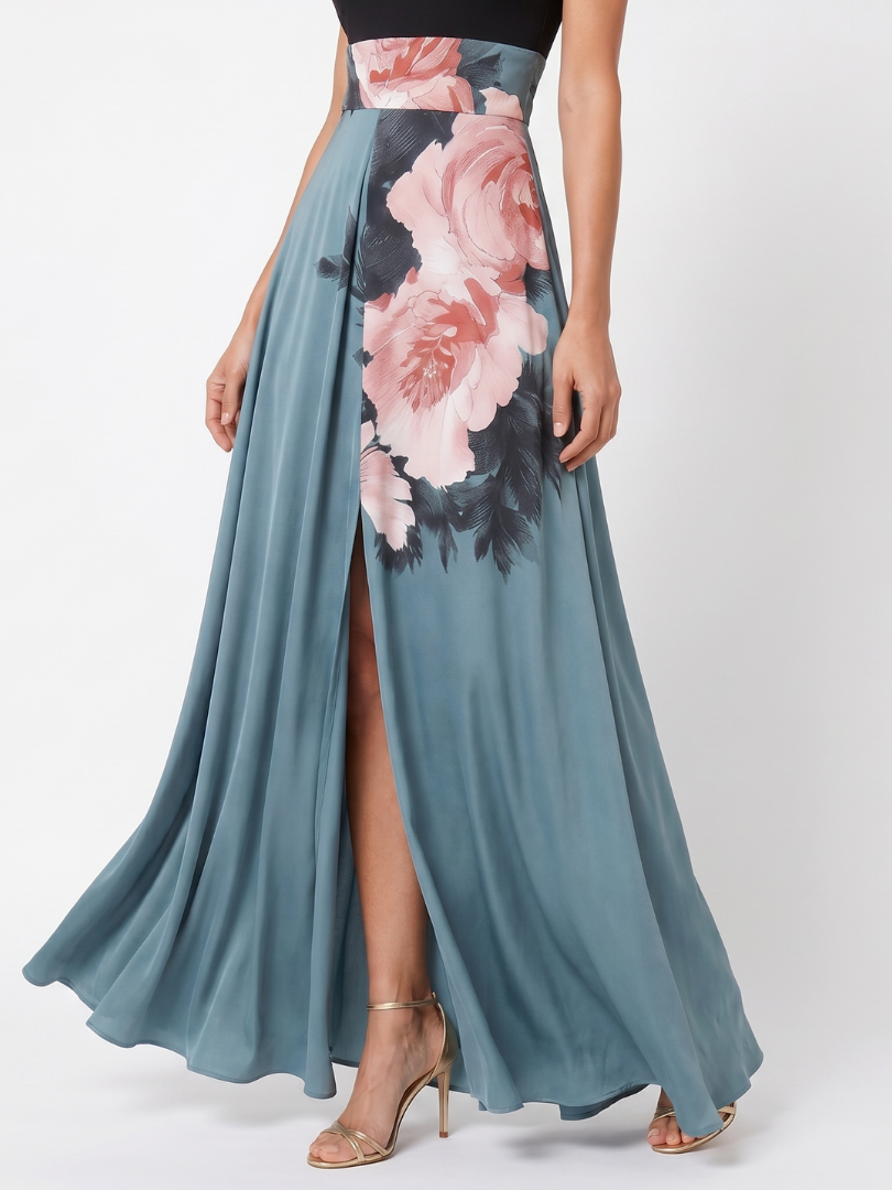 Olympas | Robe Maxi à Buste Halter et Jupe Fleurie