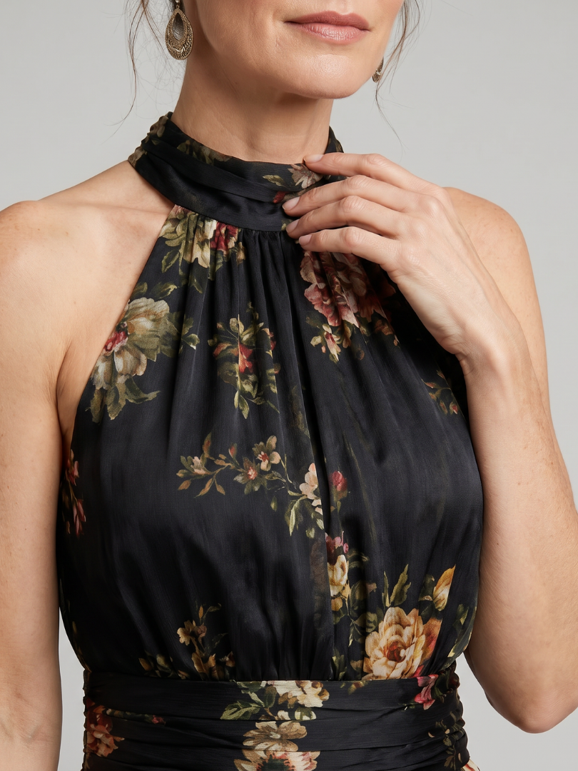 Sior | Robe Midi à Encolure Halter Florale