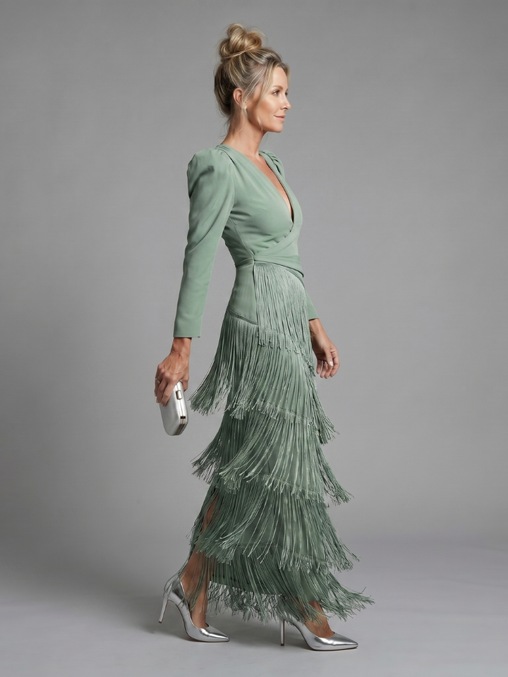 Auvelle | Robe Midi à Manches Longues avec Franges Douces