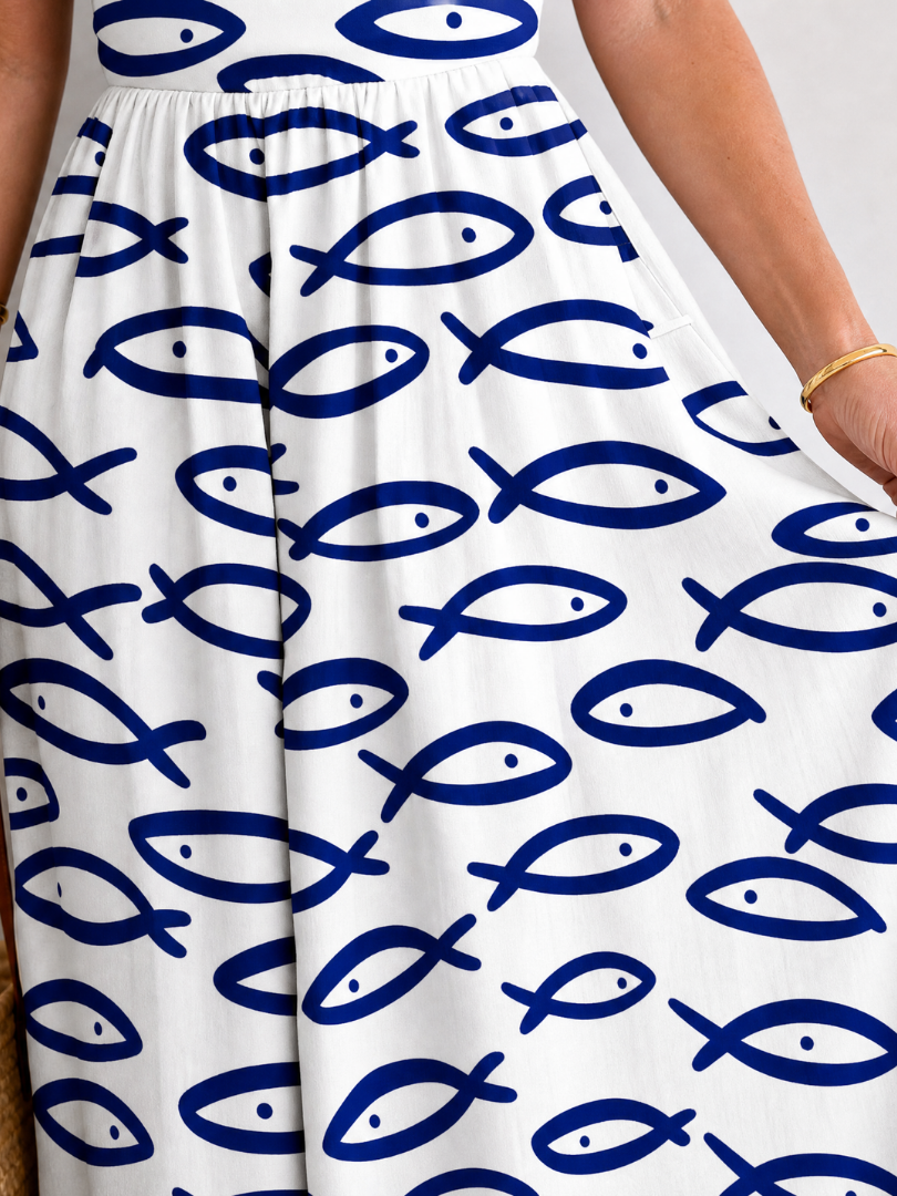 Thaloria | Robe midi sans manches imprimée poisson