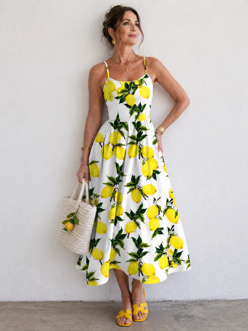 Limonelle | Robe Midi Sans Manches Imprimée Citron