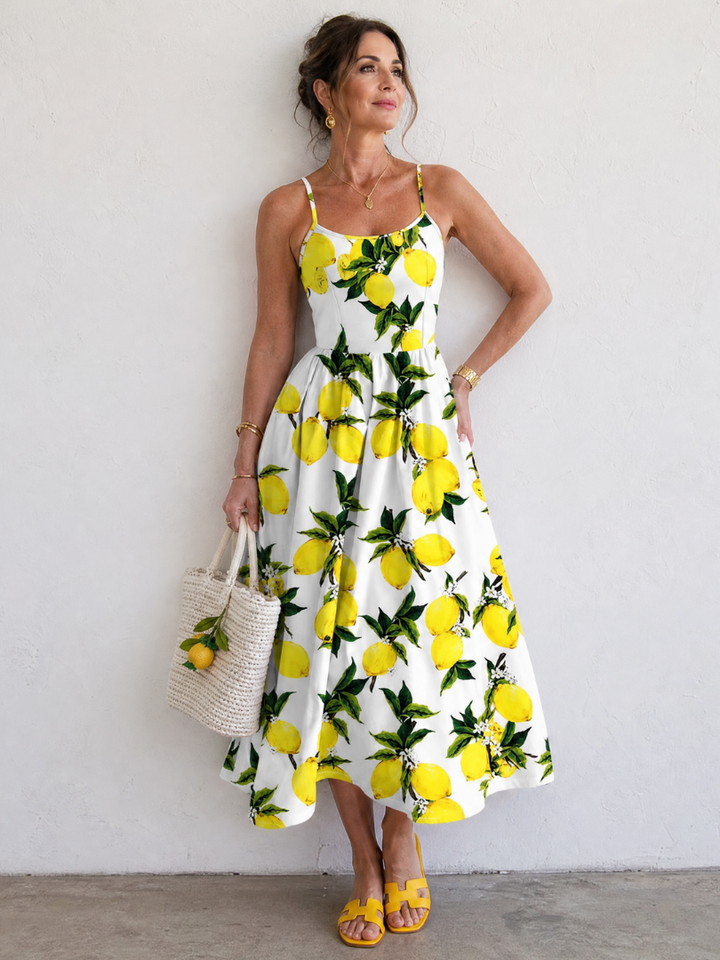 Limonelle | Robe Midi Sans Manches Imprimée Citron
