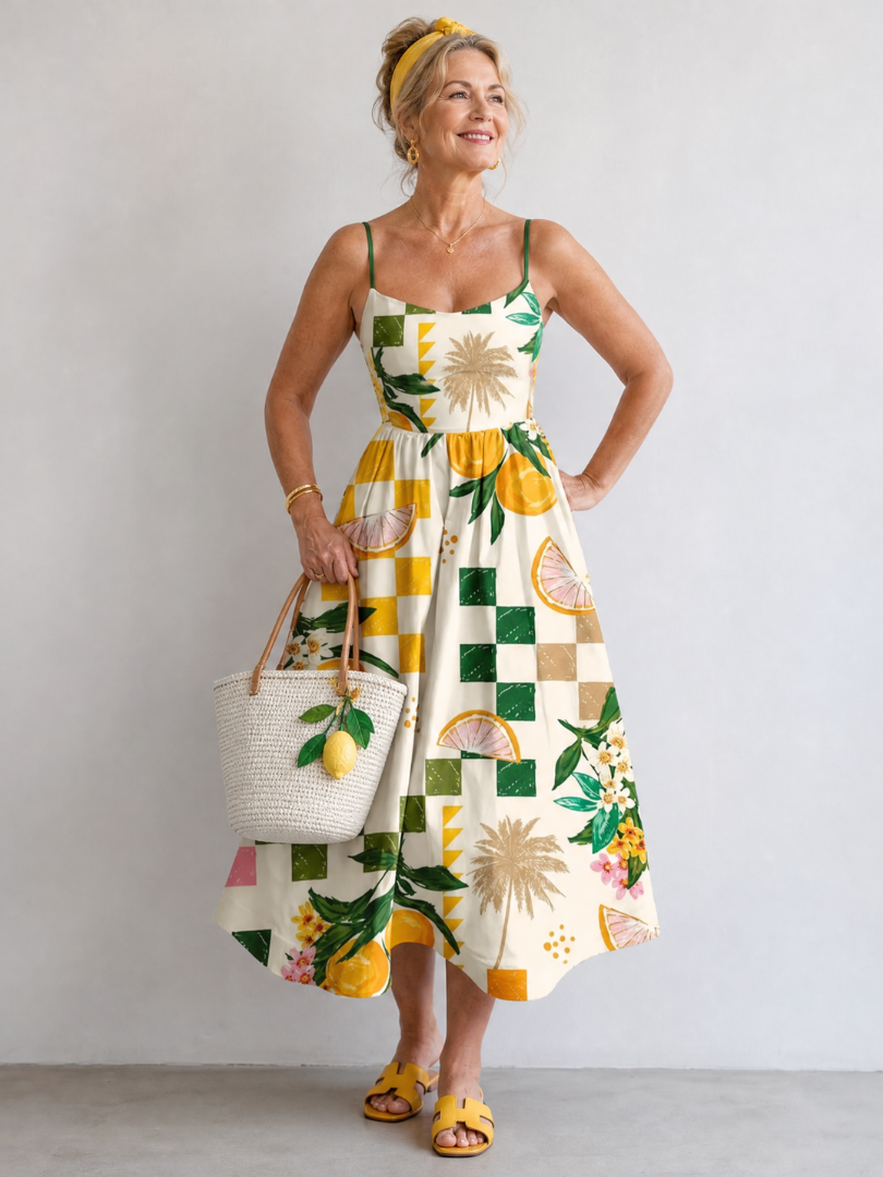 Aurexia | Robe Midi Sans Manches Imprimée Agrumes