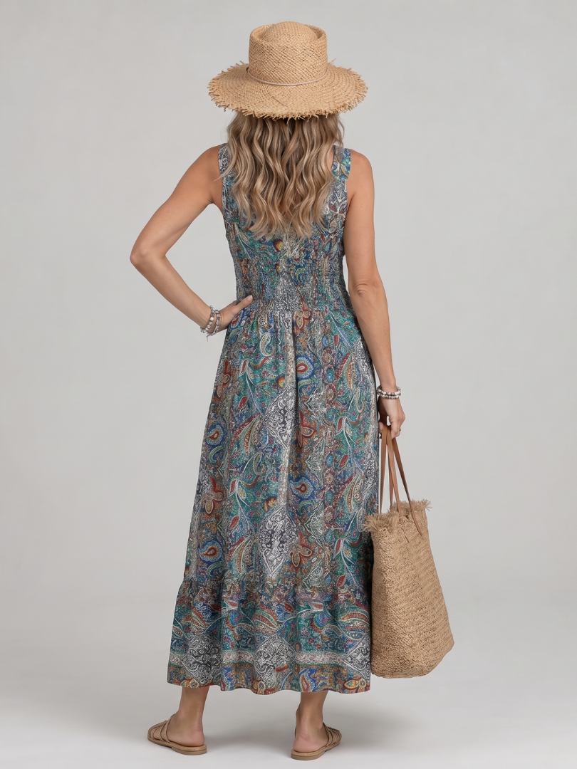 Auvelle | Robe Midi sans Manches à Imprimé Paisley