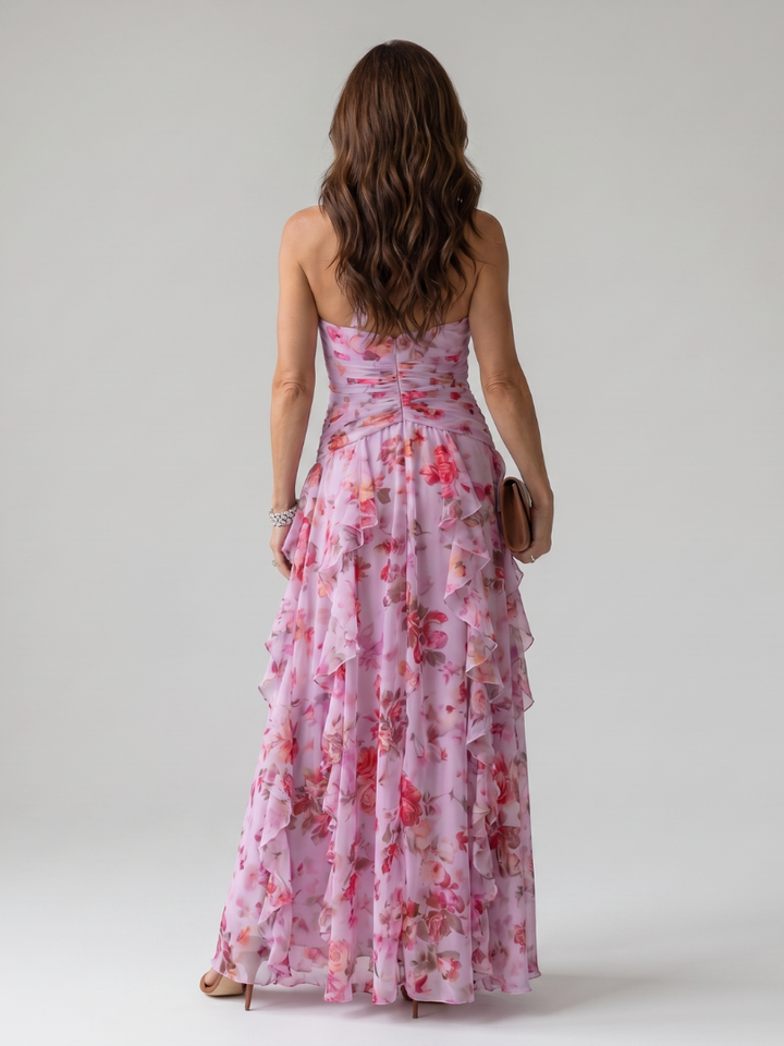 Nori | Robe Maxi Fleurie à Encolure Halter et Corps Froncé