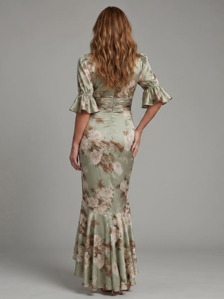 Auvelle | Robe Midi à Manches Courtes en V avec Taille Froncée