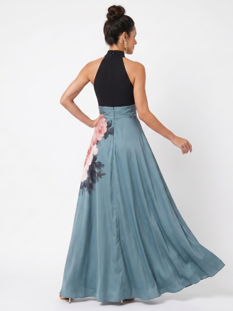 Olympas | Robe Maxi à Buste Halter et Jupe Fleurie