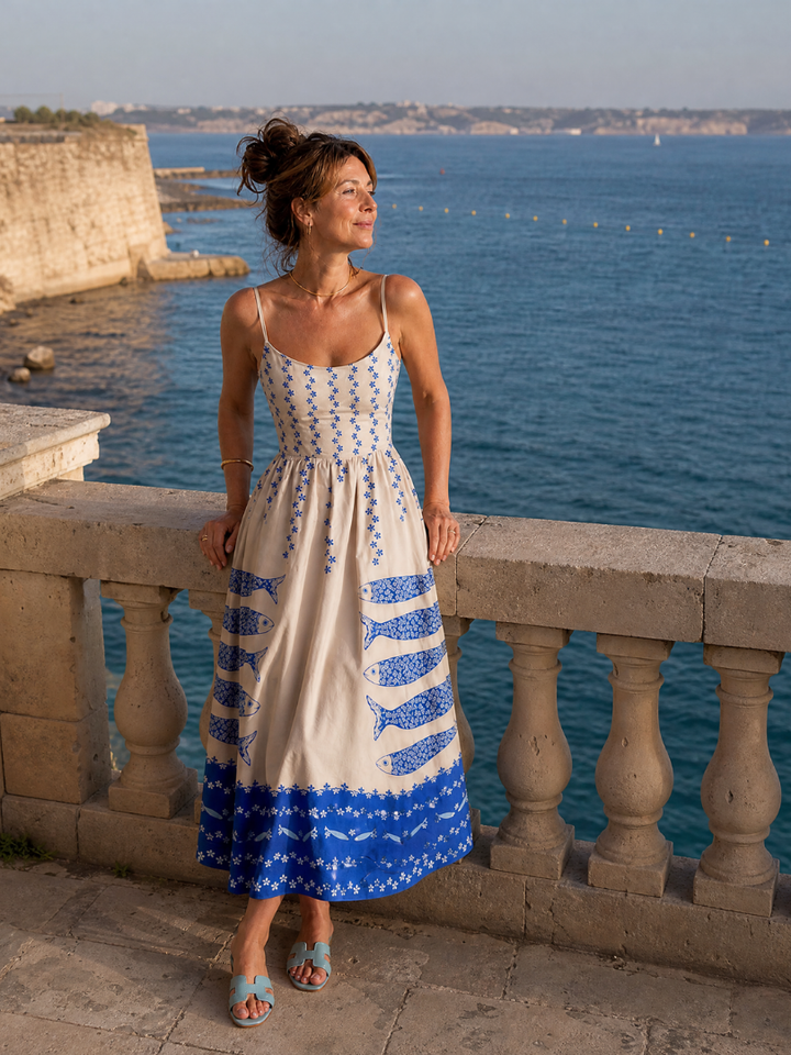 Mukara | Robe Midi Sans Manches Imprimée Poissons
