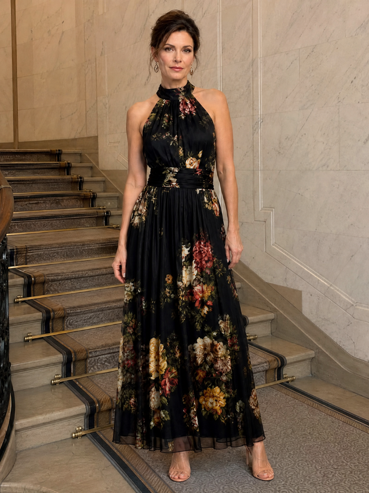 Sior | Robe Midi à Encolure Halter Florale