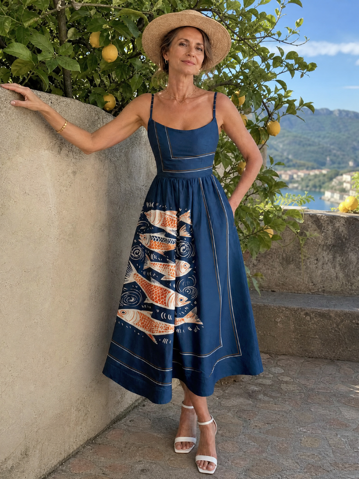 Calythene | Robe Midi Sans Manches Imprimée Poissons