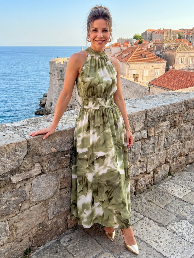 Olivia | Robe Midi Imprimé Abstrait à Taille Roulée