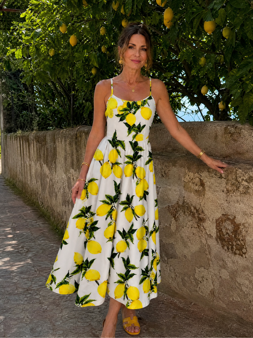 Limonelle | Robe Midi Sans Manches Imprimée Citron