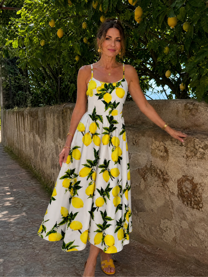 Limonelle | Robe Midi Sans Manches Imprimée Citron