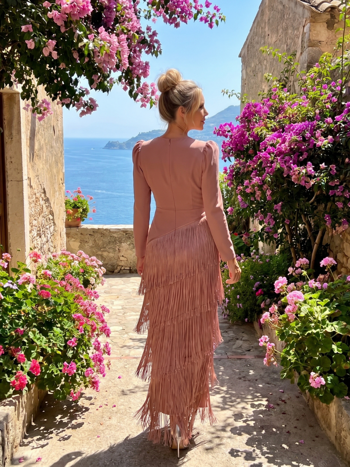 Auvelle | Robe Midi à Manches Longues avec Franges Douces