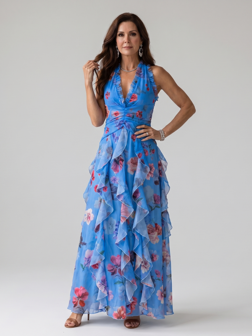 Nori | Robe Maxi Fleurie à Encolure Halter et Corps Froncé