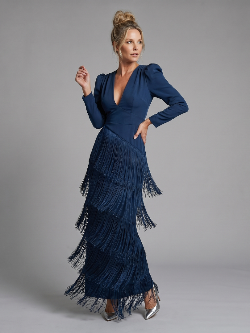 Auvelle | Robe Midi à Manches Longues avec Franges Douces