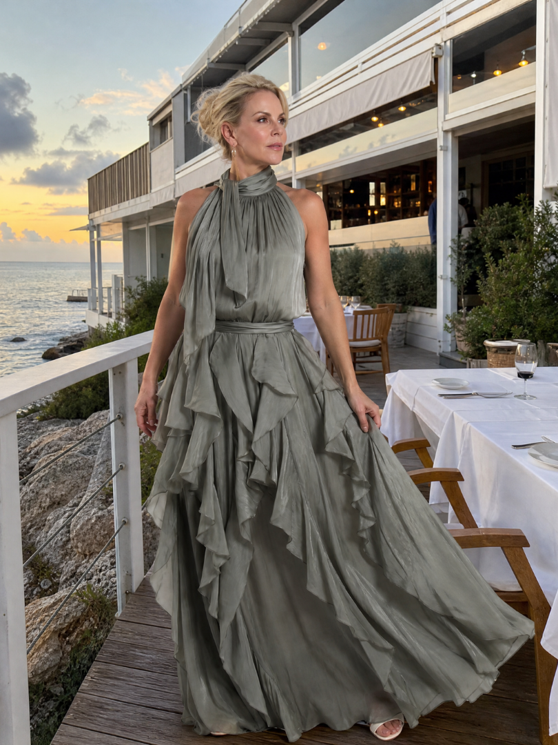 Melisande | Robe Maxi à Encolure Halter avec Volants