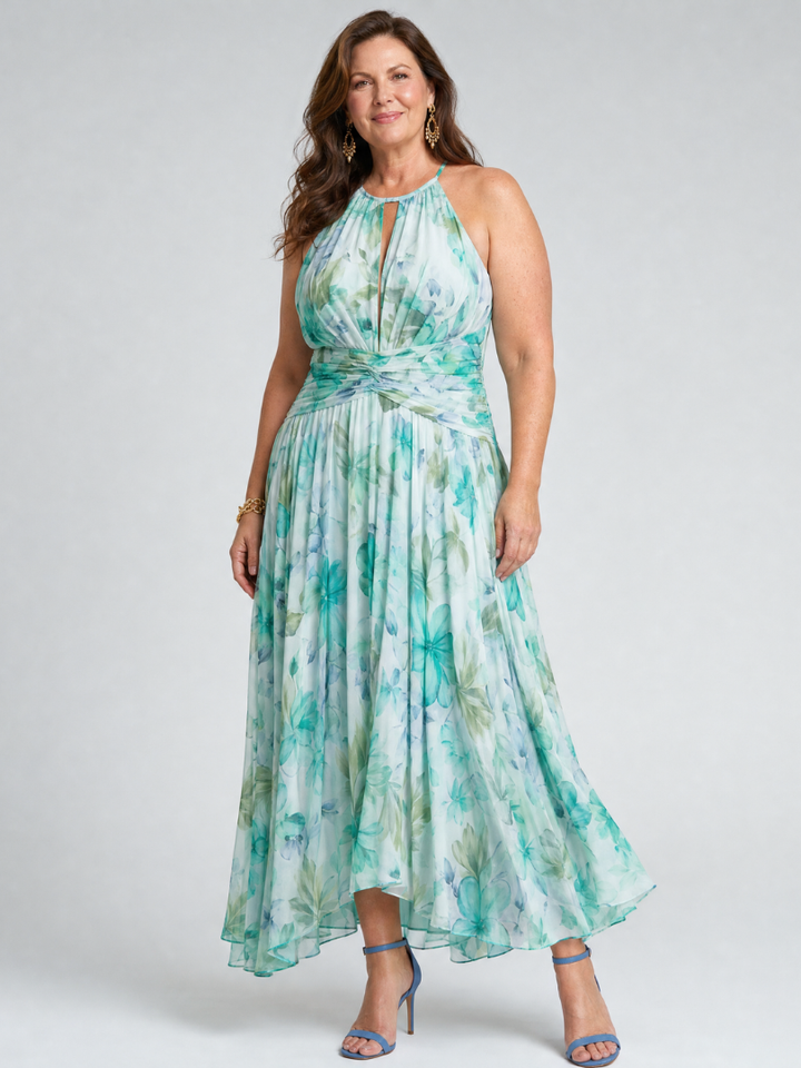 Portia | Robe Midi à Bretelles Plissée avec Motif Floral Doux