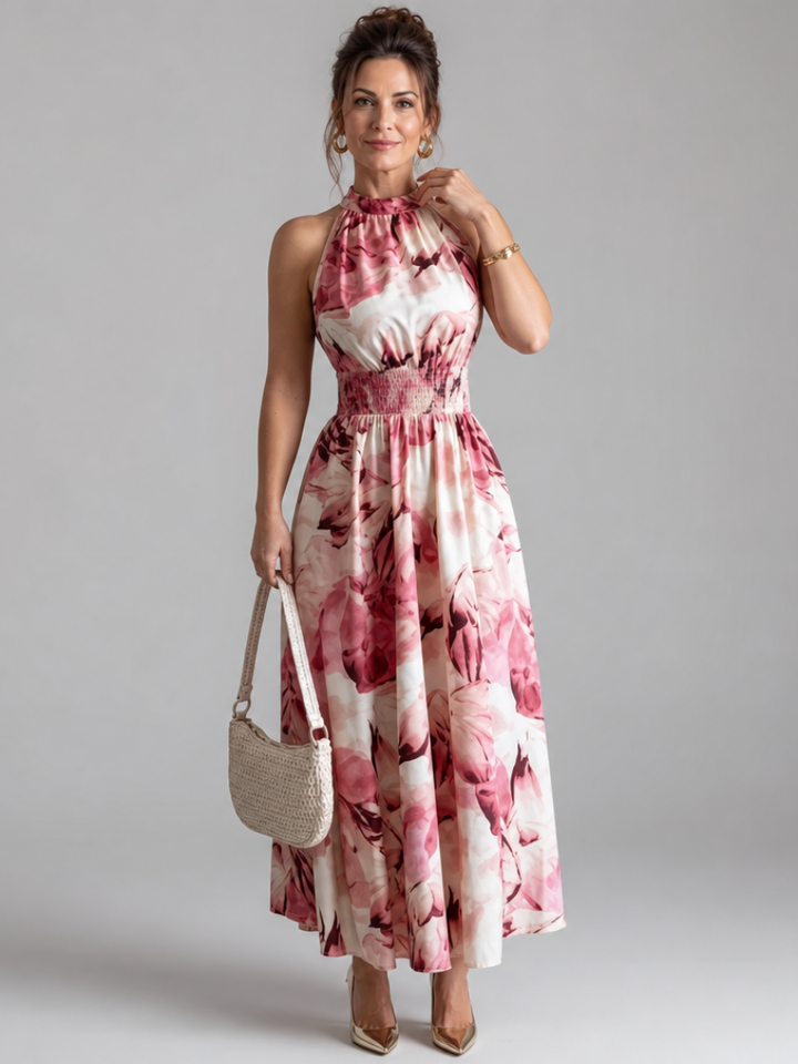 Olivia | Robe Midi Imprimé Abstrait à Taille Roulée