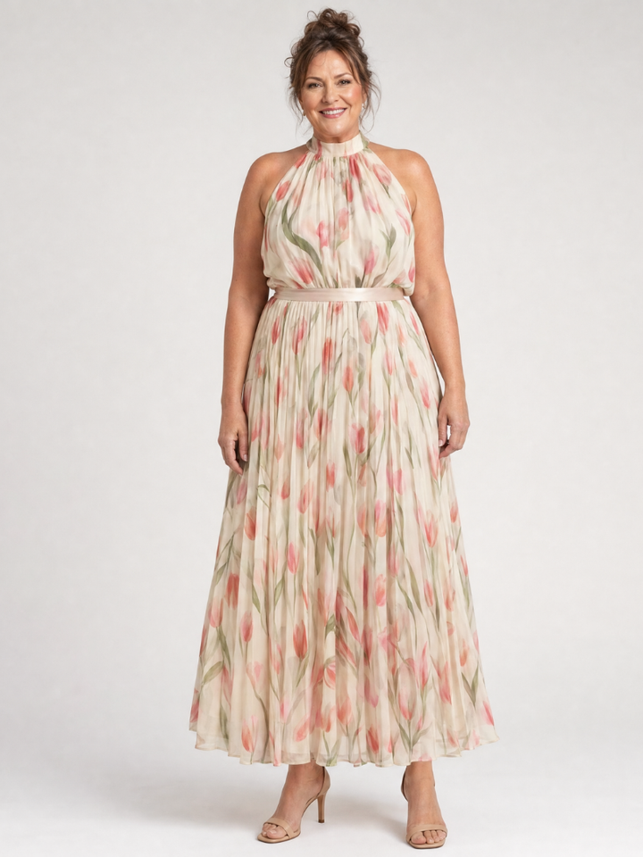 Aurelle | Robe Midi Fleurie à Encolure Halter