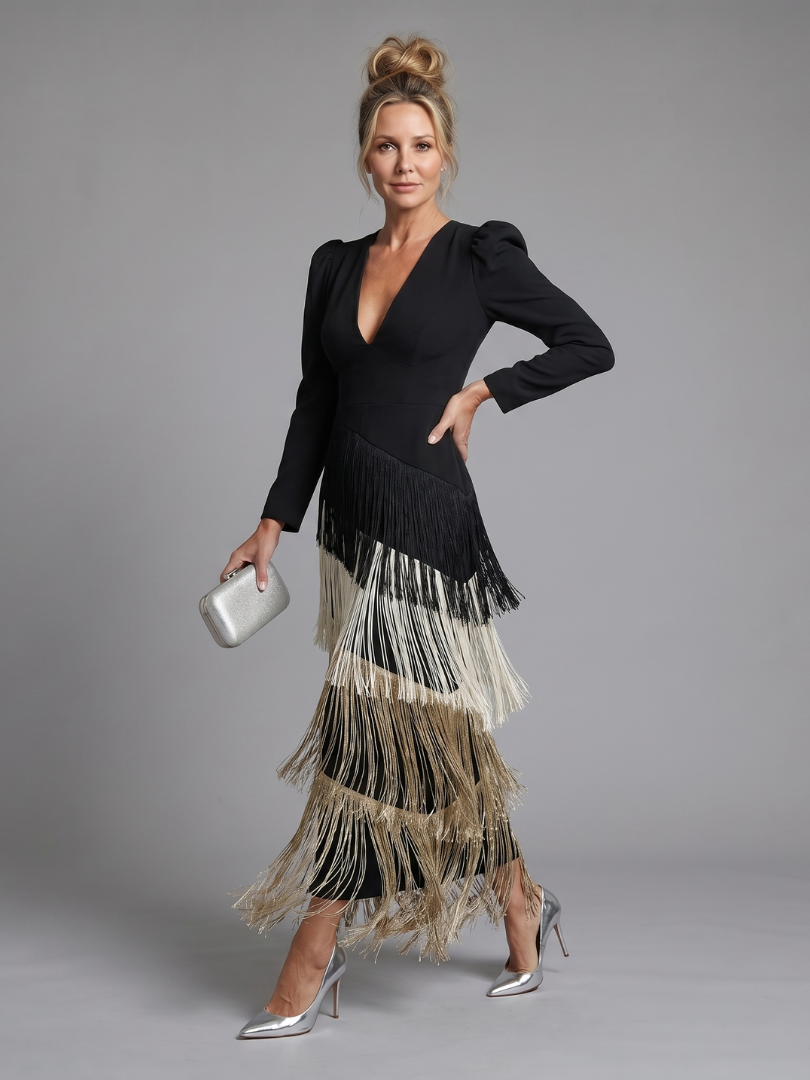 Auvelle | Robe Midi à Manches Longues avec Franges Douces