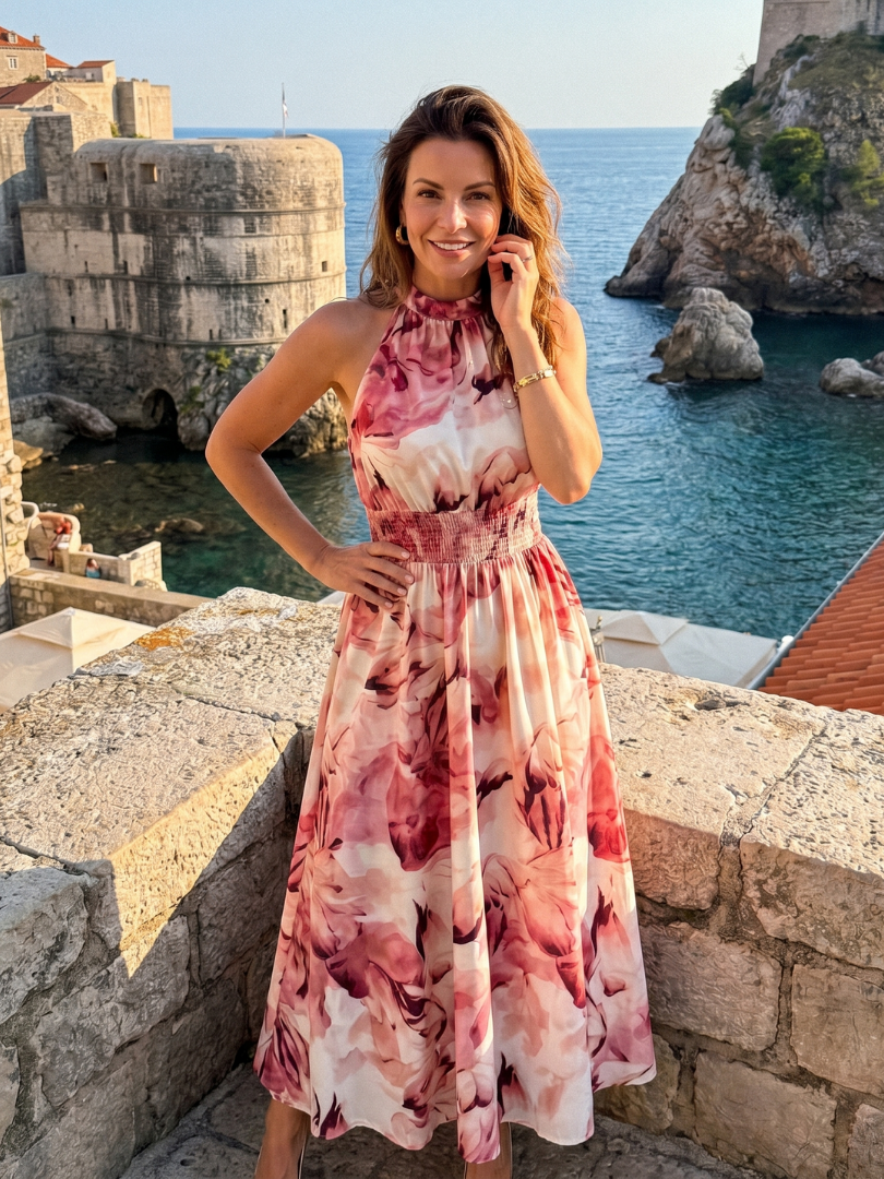 Olivia | Robe Midi Imprimé Abstrait à Taille Roulée