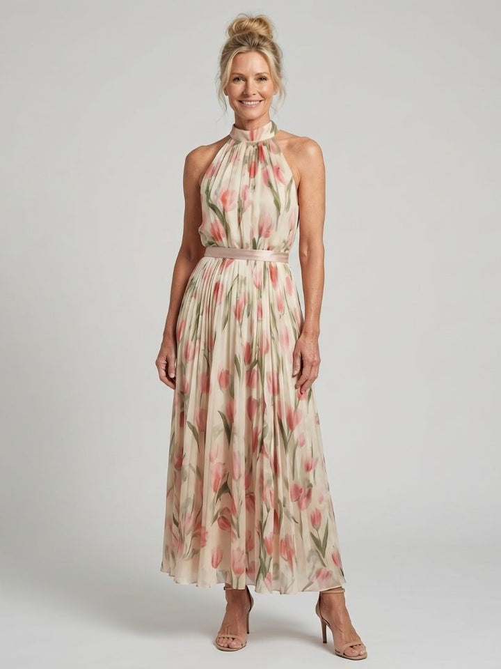 Aurelle | Robe Midi Fleurie à Encolure Halter