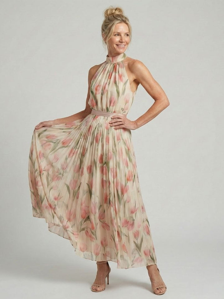 Aurelle | Robe Midi Fleurie à Encolure Halter