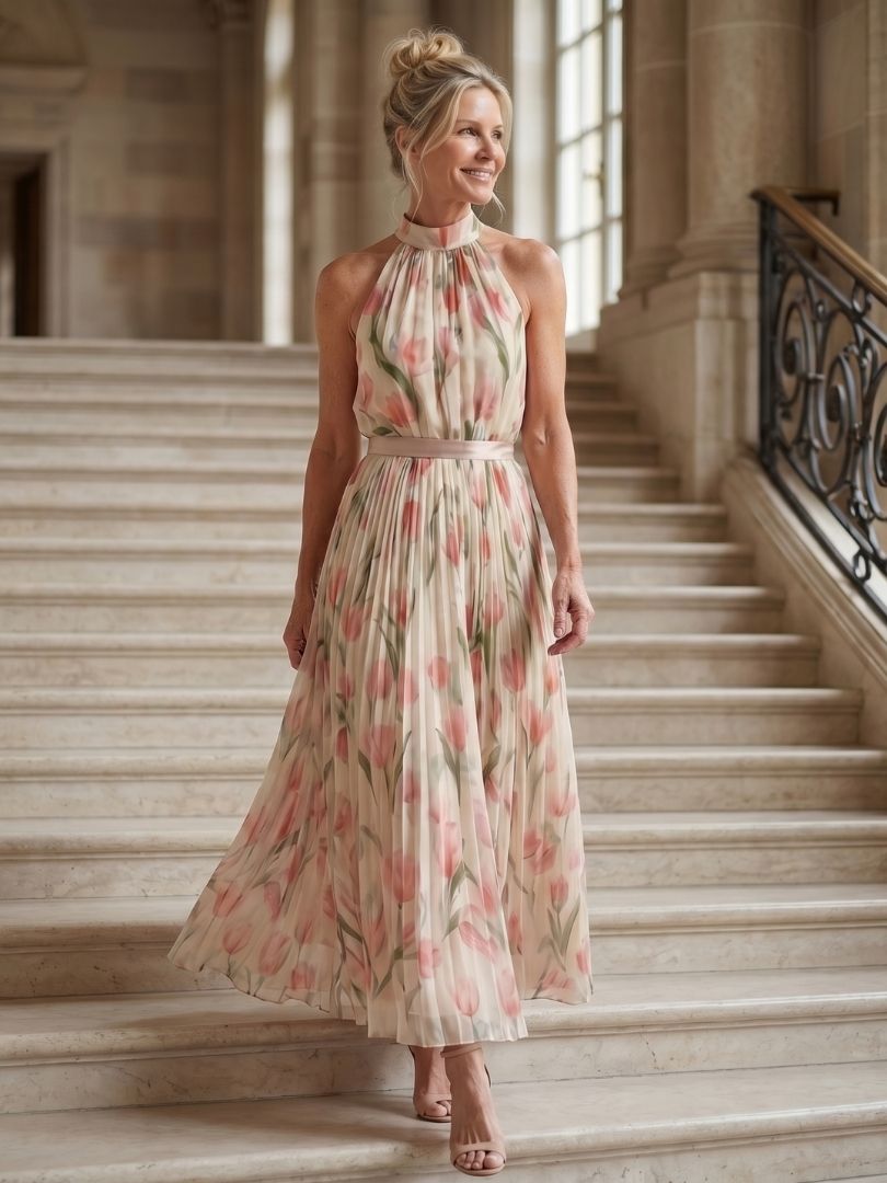 Aurelle | Robe Midi Fleurie à Encolure Halter